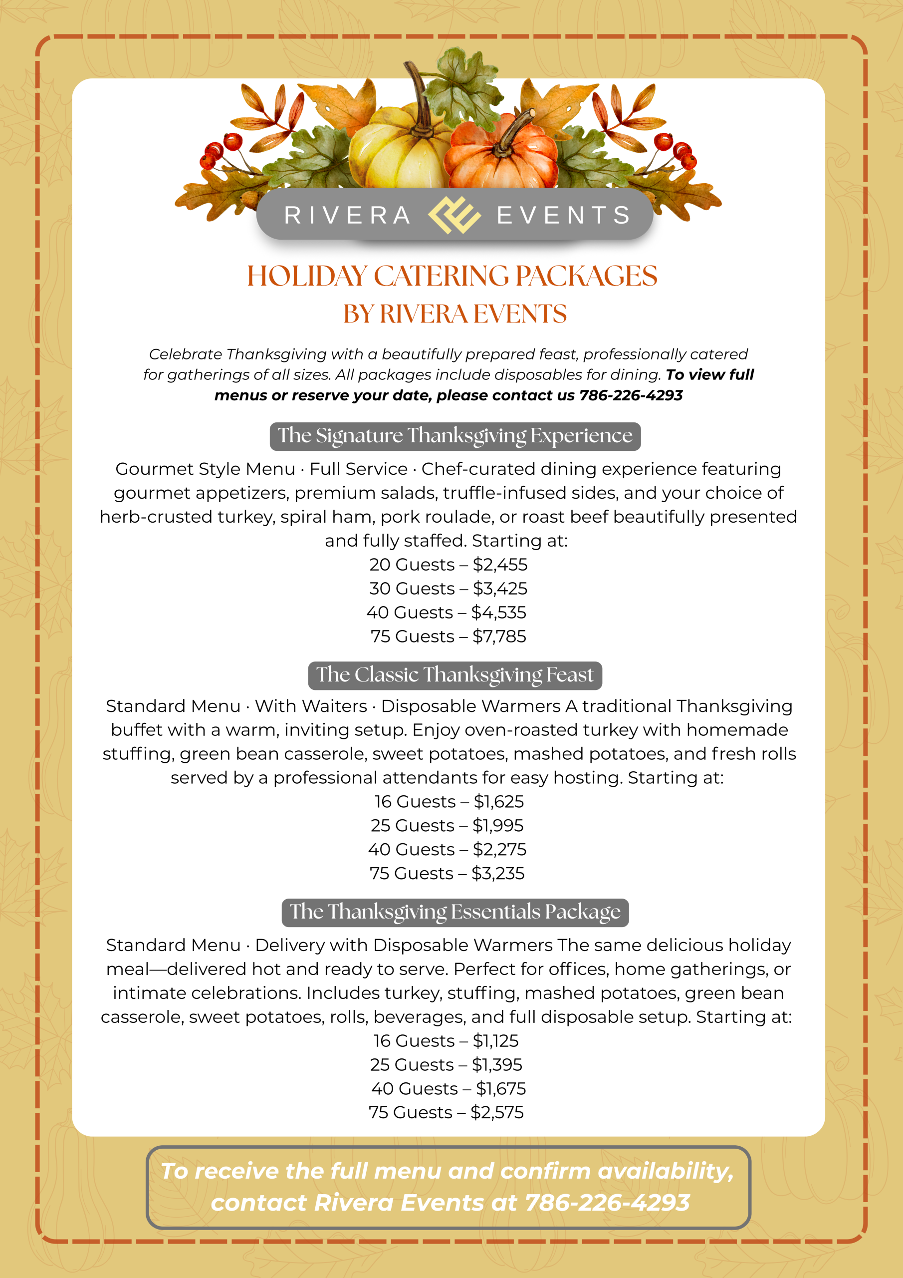 Rivera Events Gourmet Thanksgiving and Holiday Catering Menu 2025 Thanksgiving and holiday catering packages by Rivera Events featuring gourmet menus with roasted turkey, ham, sides, and desserts for gatherings of all sizes in Miami