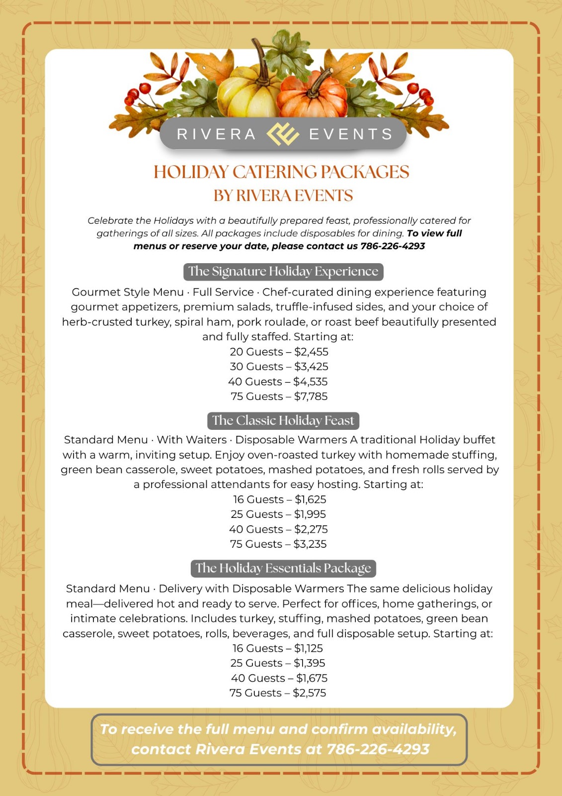 Rivera Events Gourmet Thanksgiving and Holiday Catering Menu 2025 Thanksgiving and holiday catering packages by Rivera Events featuring gourmet menus with roasted turkey, ham, sides, and desserts for gatherings of all sizes in Miami