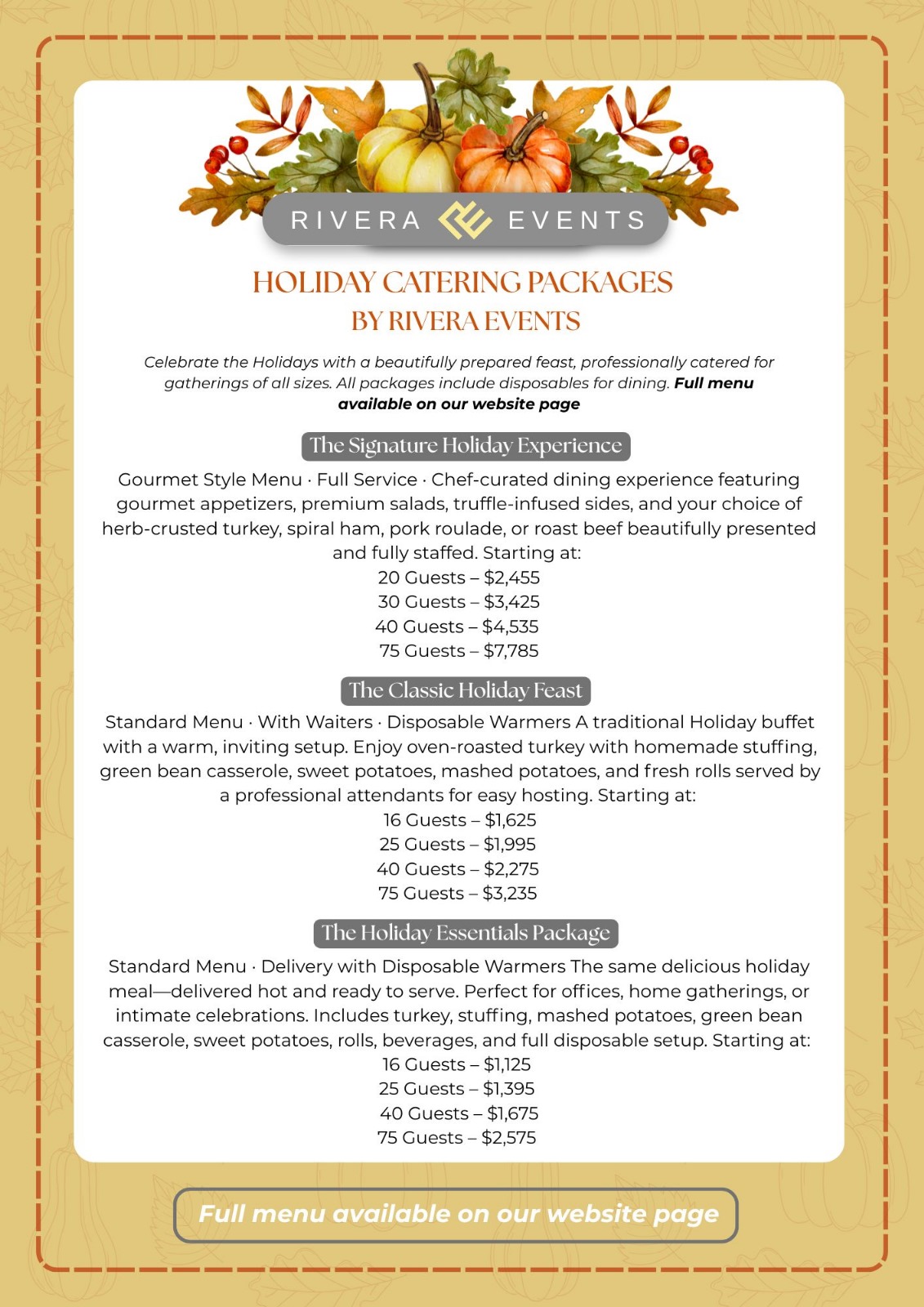 Rivera Events Gourmet Thanksgiving and Holiday Catering Menu 2025 Thanksgiving and holiday catering packages by Rivera Events featuring gourmet menus with roasted turkey, ham, sides, and desserts for gatherings of all sizes in Miam