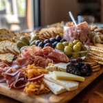Charcuterie board with meats, cheeses, olives, and crackers by Rivera Events in Miami