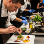 Professional chef plating gourmet catering dishes in Miami for Rivera Events