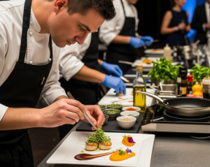 Professional chef plating gourmet catering dishes in Miami for Rivera Events