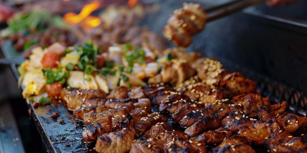 Grilled skewers and BBQ catering setup in Miami by Rivera Events